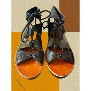 Lucky Brand Black Leather Lace Up Gladiator Sandals Women Size 6M 36 Wedge